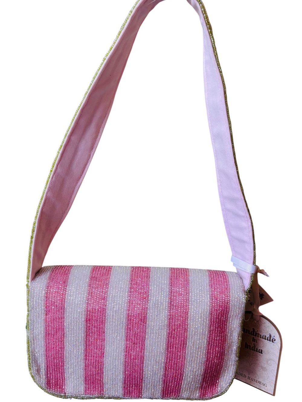 Viral Famous Tulip Handmade Pink Stripe Beaded Shoulder Bag - Picture 2 of 8